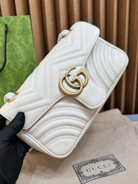 Gucci GG Marmont Shoulder Bag Gold Hardware White Matelassé Leather 26